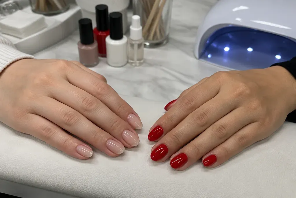 Twee handen naast elkaar: een met nude BIAB-nagels en een met rode gellak