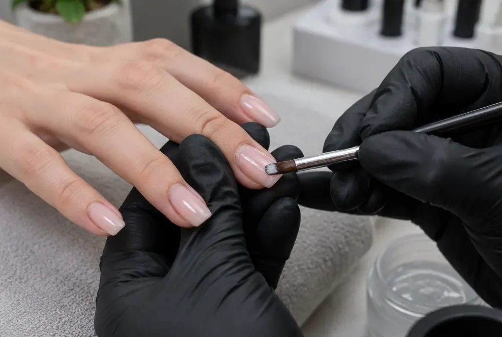 Nagelstylist brengt een laag builder gel aan op nagels met wat uitgroei