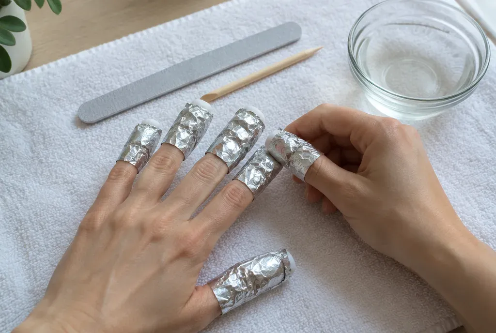 Vingertoppen in aluminiumfolie met watjes om gellak te verwijderen, naast een vijl en houten stokje